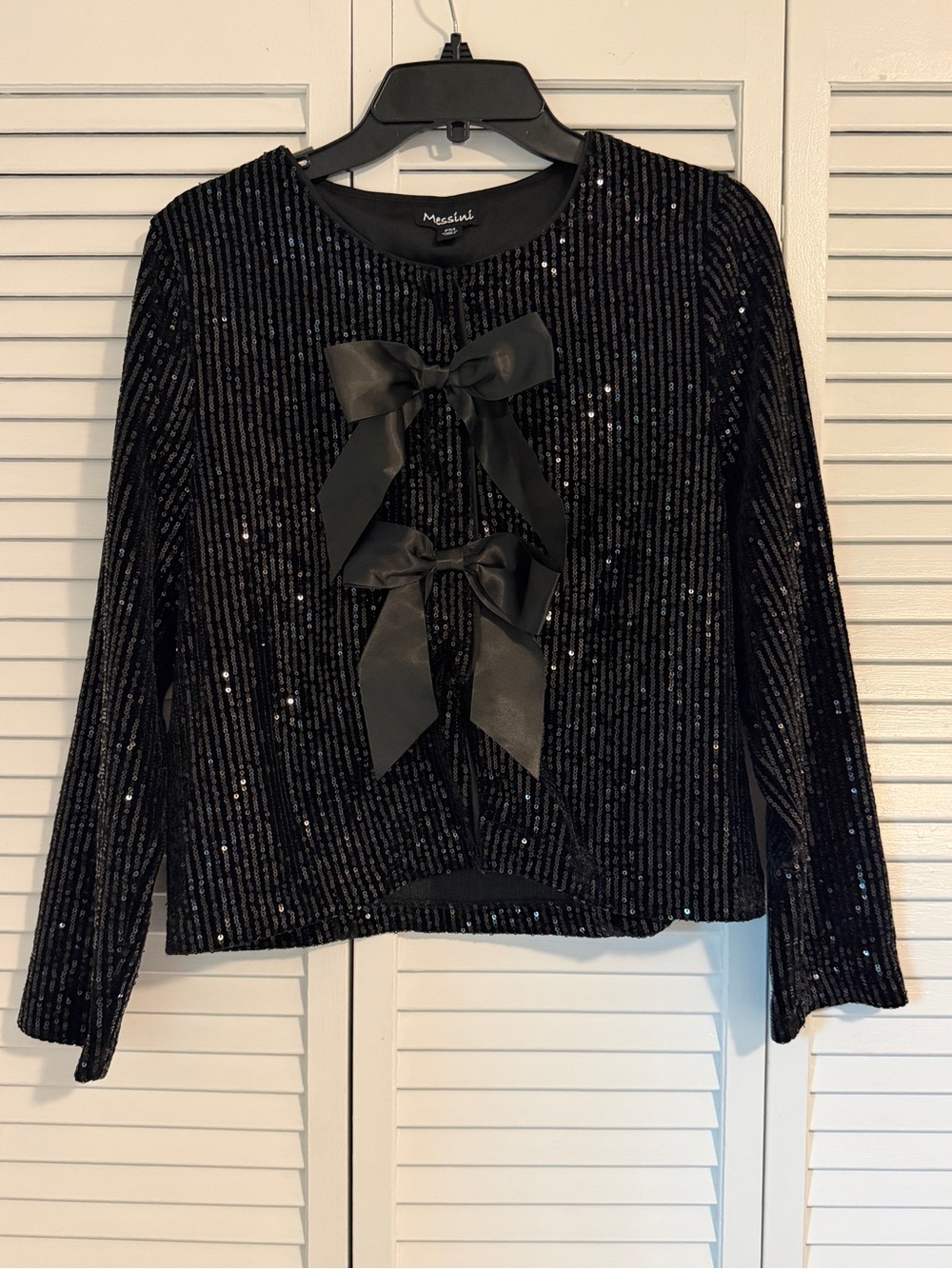 Black Sequin Long-Sleeve Bow-Front Top